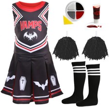 GIRLS VAMPIRE HALLOWEEN COSTUME CHEERLEADER AND ACCESSORY SET FANCY DRESS UK