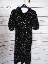 LADIES NEW LOOK BLACK MIX STARS MOON SHORT SLEEVE MIDI DRESS SIZE 4 PETITE