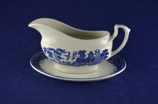 Vintage Churchill Willow Pattern Gravy Boat & Saucer - Blue & White Pottery