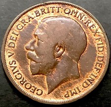 1920 PENNY COIN-1d BRITISH BRONZE COIN-KING GEORGE V - ONE PENNY COIN