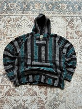 Baja Joe Pullover Hoodie Jerga Hippie Surfer Jumper Sweater Large Teal Black