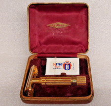 OLD VTG GILLETTE ARISTOCRAT FAT HANDLE GOLD & RAZOR & CASE 40'S