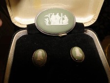 Vintage Wedgwood Sterling, Jasperware, Pin & Earrings Set, Sage Green, Exc. Cond