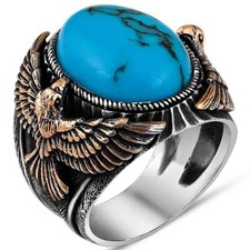 925 Sterling Silver Eagle Figure Oval Turquoise Stone Men's Ring