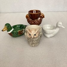 Bundle of 4 bird-shaped vintage egg cups - hen, duck, mallard and owl