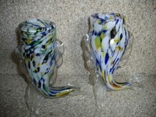2 x Vintage Murano Style Multicoloured Glass Open Mouthed Fish Bud Vase