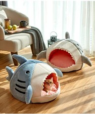 Shark Pet Bed Cats Dogs Cosy Snug Soft Igloo Sleeping Bed S/M/L Blue/Grey