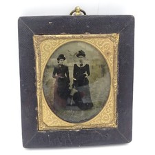 Antique Victorian Ambrotype Tin Type Framed Photograph Two Women