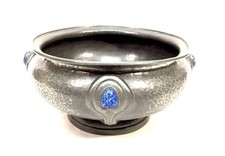 Antique Arts & Crafts Hammered Pewter Decorative Bowl Blue Cabochon Inlay c.1910