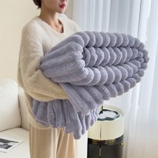 Ultra Soft Faux Rabbit Fur Throw Blanket Warm Plush Striped Blankets for Sofa