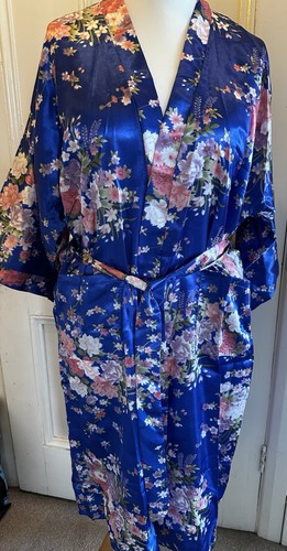 Blue floral silk satin kimono - floral,