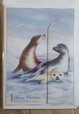 HANDCRAFTED CARD & BOOKMARK MERRY CHRISTMAS HAPPY SEAL SEALS SNOW