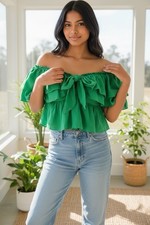 ZARA Green Linen Bardot Off