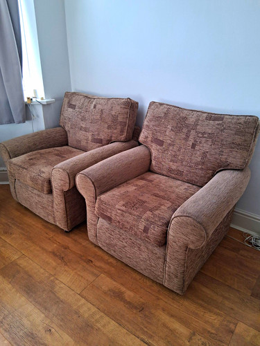 Pair brown fabric armchairs - brown,
