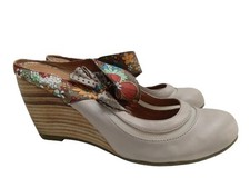STACCATO Ladies Grey Leather Round Toe Floral Mary Jane Shoes Wedge UK3.5