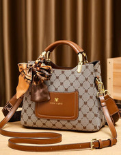 Women’s Designer-Inspired Tote Handbag with Scarf | Brown Leather Shoulder Bag