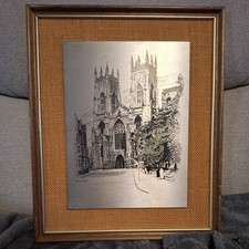 Vintage Framed Metal Etched Etching Picture York Minster West Arch