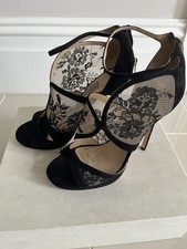 JIMMY CHOO BOXED / original paperwork FLYTE 120 BLACK SUEDE AND LACE SANDALS 