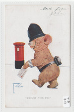 TEDDY BEAR Policeman going to Post Box - Excuse this PC   Artist LAWSON WOOD