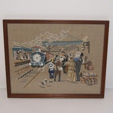 Large Vintage Victorian Train Station Embroidery  Framed Picture.