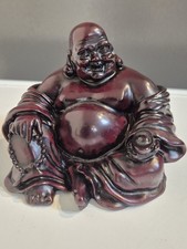 Wooden Hand Carved Sitting Laughing / Happy Buddha Hard Wood H 9cm L 11cm 
