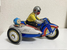 Retro Tin Motorcycle with Sidecar Rider and child Working Vintage