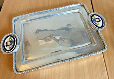 Vintage Mexican Pewter Rope Trim Rectangle Tray With Ceramic Inlay Handles