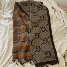 Gucci Brown Wool Scraf Red And Green Stripes 94% Wool 6% double side- logo scarf