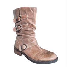 Ladies Tan Leather Mid-Calf Low Heels Buckle Biker Boots Size US 9.5 UK 7.5