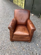 Brown Leather Distressed - worn Armchair - lounge chair on wooden feet