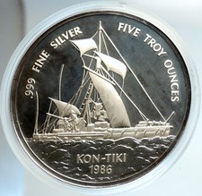 1986 SAMOA UK British KON-TIKI EXPEDITION Vintage Silver $25 5OZ Medal i103104