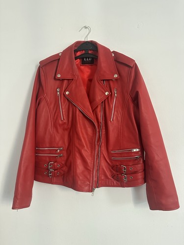 Red biker leather jacket - red,