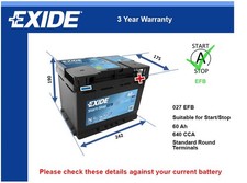 EFB Car Battery EL600 Exide 027 EFB 640A 60Ah 3Yr WTY 242x175x190 Start Stop