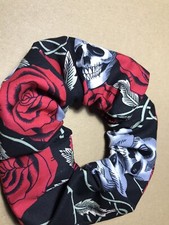 Handmade Hair Scrunchie Skulls & Roses, Rockabilly Print Cotton Fabric