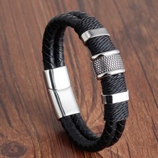 Men's Genuine Leather Handmade Bracelet Wristband Weaved Double Layer 