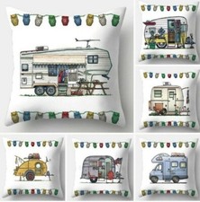 Retro Happy Campers Tent Camper Van Caravan Polyester Cushion Covers 45cm x 45cm
