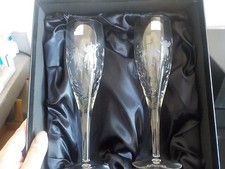Rockingham Crystal Fuchsia Engraved Champagne Flutes/Glasses Pair Unused Boxed.