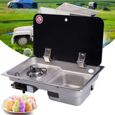 RV Caravan Boat 1 Burner LPG Gas Stove Stainless Sink Hob Sink Combo w/Glass Lid