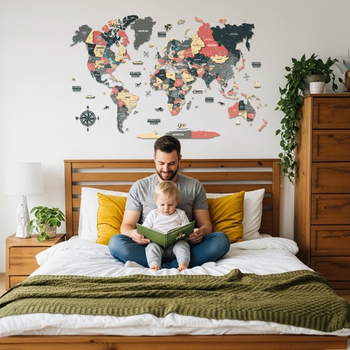 Wooden world map wall - 3d,