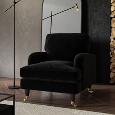 Black Velvet Armchair with Dark Wood Gold Legs Saddle Arms Traditional Style