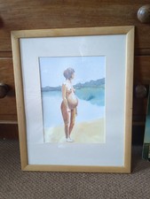 VINTAGE FRAMED & GLAZED  ORIGINAL WATERCOLOUR OF NAKED PREGNANT WOMAN UNSIGNED