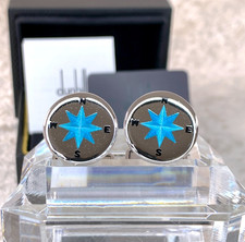 Dunhill Cufflinks Silver Blue Enamel Decor with Case