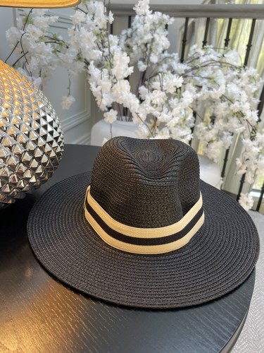 Ladies straw black fedora hat - black,