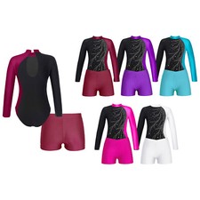 Girls Long Sleeve Glitter Gymnastics Leotard Unitard with Shorts 2 Piece Outfits