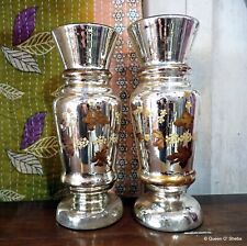 Christams Deco Mercury Glass Vases Antique Pair French Hand Painted Flowers