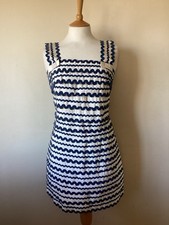 FRENCH CONNECTION BLUE & IVORY STRIPED  RIC RAC BRAIDED SHORT DRESS SIZE UK 12