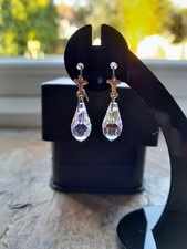 Vintage 9ct Aurora Borealis Crystal Briolette Dangle Drop Earrings
