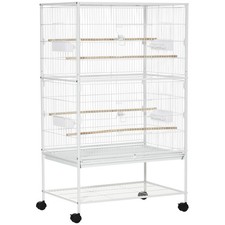 Large White Bird Cage on Stand with Removable Tray & Wheels - Budgie