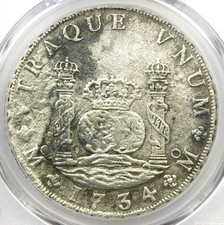1734 Mexico Pillar Dollar 8 Reales 8R.  PCGS XF Detail. Rooswijk Shipwreck Coin