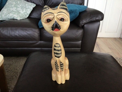 Wooden big eyed cat inches - wooden,